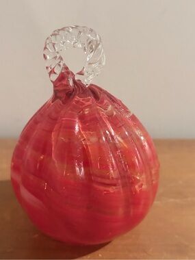 Source Unknown Red Glass Pumpkin with Clear Twisted Stem